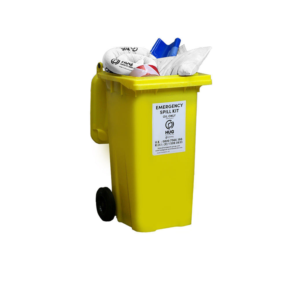 HUG 210 Litre Oil Emergency Spill Kit | Mobile Oil Spill Kit with Wheelie Bin